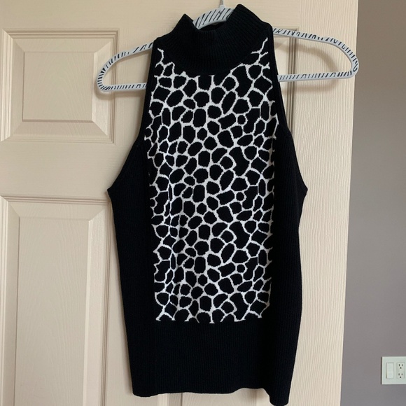 Cache Black/White Print Sleeveless Sweater sz L - Picture 1 of 5